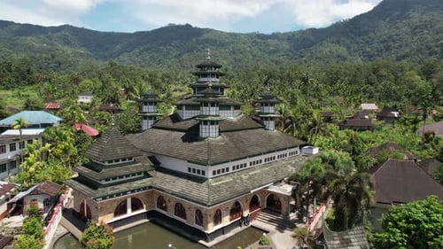 Aerial view of Raya Bayur Mosque Largest Masjid in Nagari Bayur, Tanjung Raya
