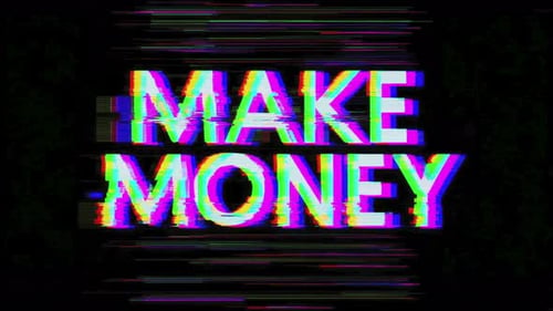 Make money glitch text typography jittering rgb displacement on black center screen promotional seam