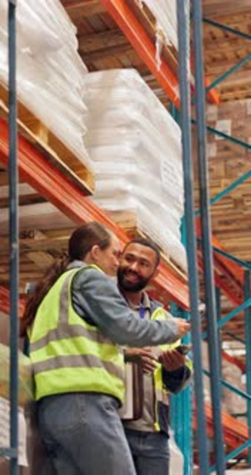 Discussion, cellphone and people in warehouse, logistics and supply chain with social media