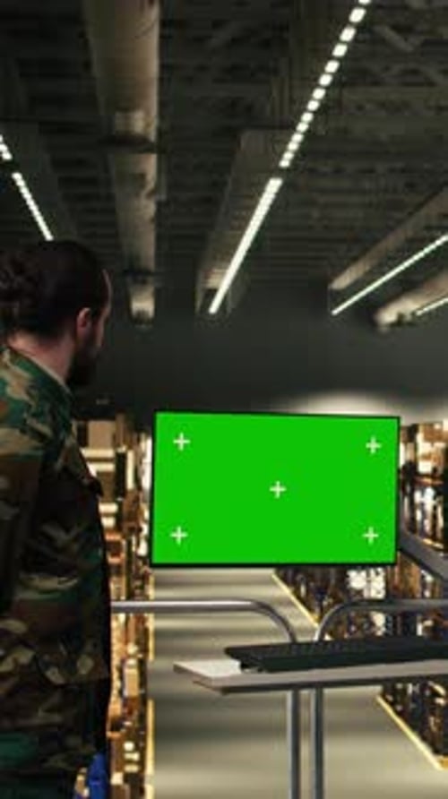 Vertical Video Mockup on Computer Monitor Near Army Soldier and Worker