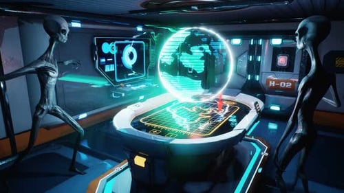 Aliens Activating Holographic Planet Globe in Sci-Fi Control Room