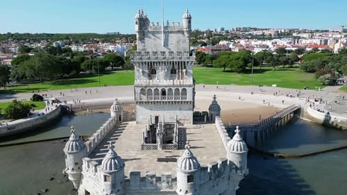 Sunny Day in Lisbon: Aerial Views of Belem Tower (Torre de Belém) in Portugal.
