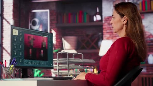 Woman Expert Developer Works with Photo Editing Software in Her Loft