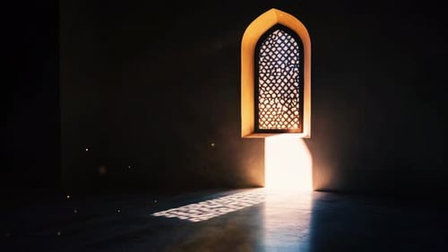 Fondo islámico del Ramadán, luz radiante que emana de un arco islámico