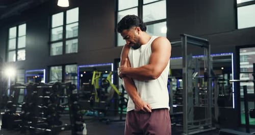 Man, fitness and arm with injury in gym for muscle tension, joint ache or inflammation