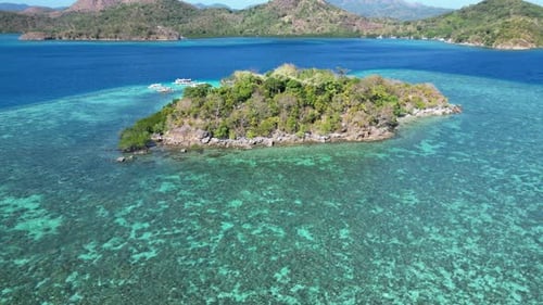 Tropical CYC island Amid Clear Blue Water in Coron, Drone Arc Shot
