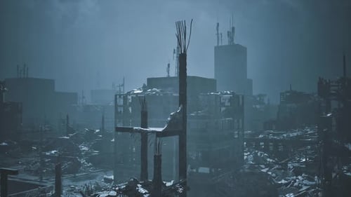 Urban Landscape Showing Devastation in a Post Apocalyptic City at Night