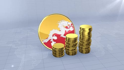 Bhutan Flag With Plain Gold Coins Tower