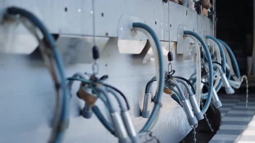 Gros plan d'un dispositif de traite automatisé dans une étable technologique d'une ferme laitière moderne
