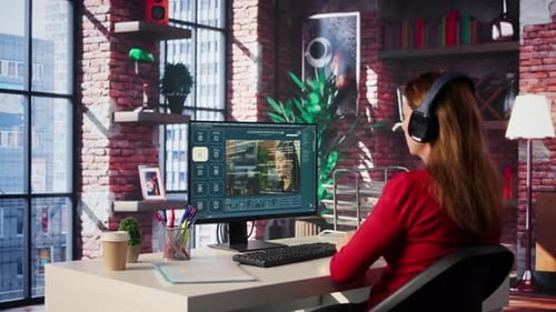 Softwareentwickler im Heimbüro, das auf dem Desktop mit KI-gestütztem Skript programmiert