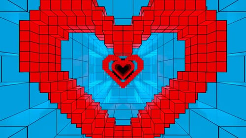 Red And Blue Pixel Heart Tunnel Background Vj Loop In HD