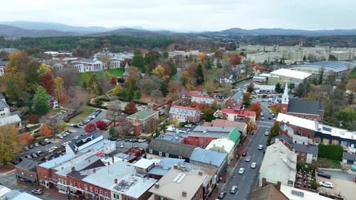 Lexington, VA aerial establishing shot. View of Washington and Lee University and Virginia Military
