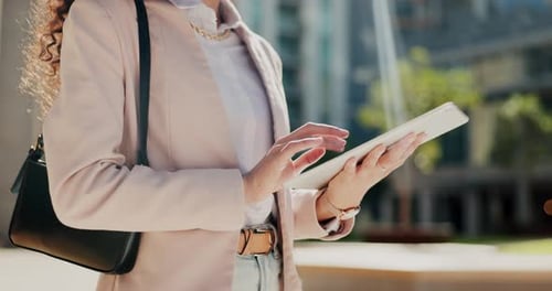 Tablet, outdoor city and woman hands typing for application management, fast networking