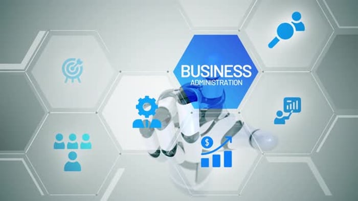 Futuristic Robotic Hand Activating Business Administration Icons and ...