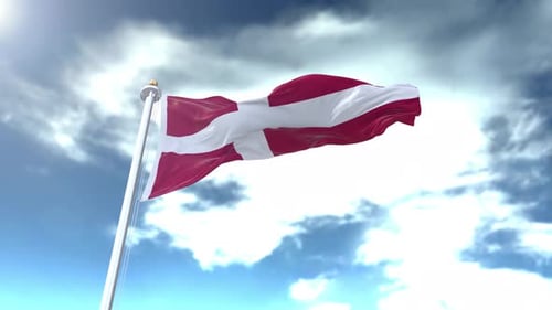Realistic Waving Flag of Denmark Animation Against a Cloudy Sky