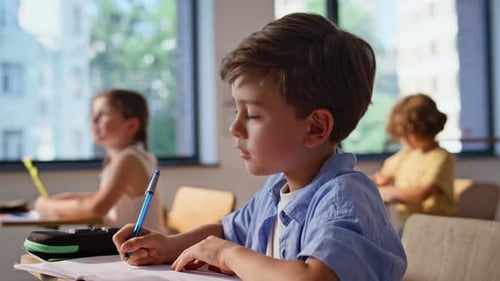 Young Boy Writing at Desk in Classroom