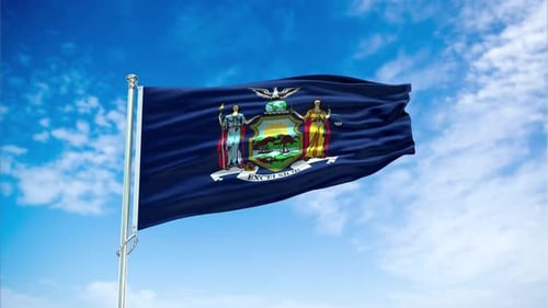 New York State Flag Waving Against Blue Sky