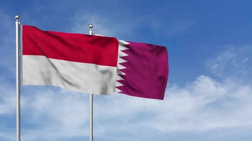 National Flags of Indonesia and Qatar Waving