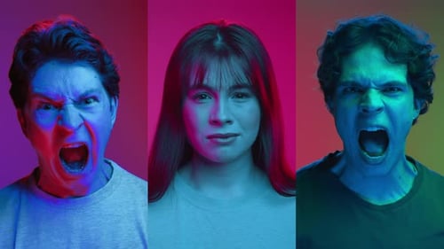 Portraits of Angry People or Men Screaming Together on Sad Woman in Neon Colors