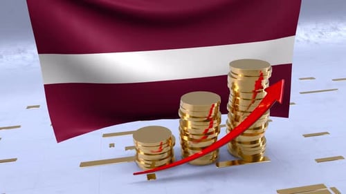 Latvia Flag With Gold Coins Tower And Up Arrow