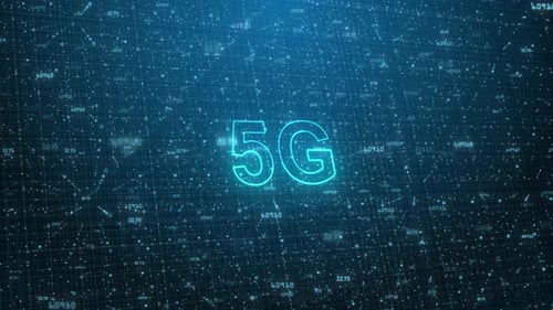 5G Text on Futuristic Cyberspace Background. 3D Grid and Binary Numbers.