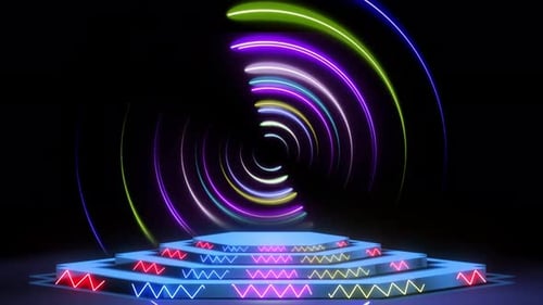 Dynamic Neon Stage Backdrop with Rotating Light Circles