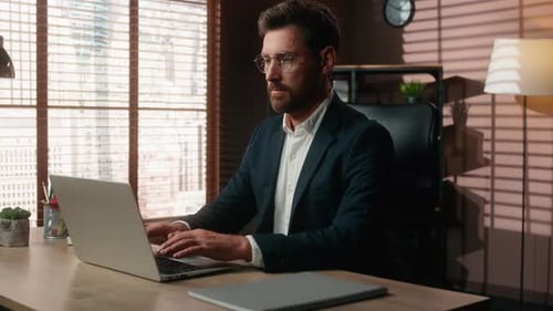 Serious Concentrated Working Online Internet Job Work Caucasian Middleaged Business Man Adult