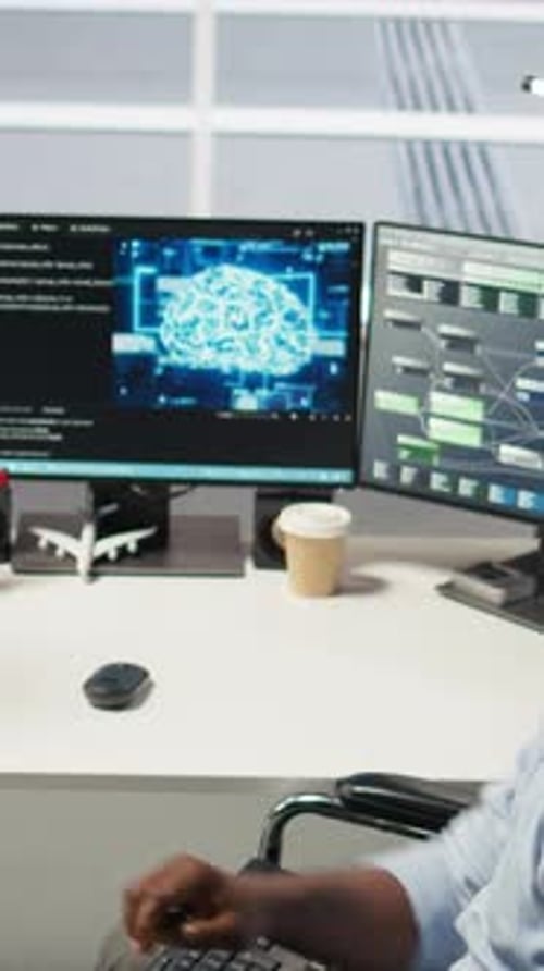 Vertical Video Technician in Wheelchair and Data Center Manager Using AI Node Tree Software
