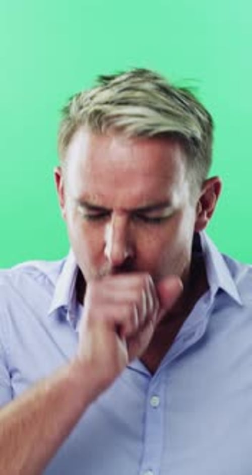 Sick, man and cough in studio with chest pain, respiratory infection and symptoms of hantavirus