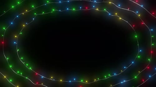 Colorful Christmas lights frame on a dark background with glowing red, green, blue, and yellow bulbs