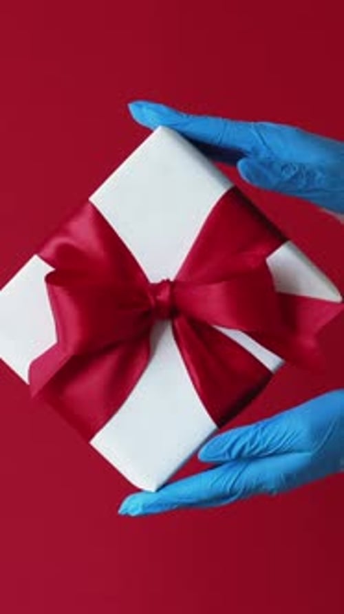 Gloved Hands Holding Wrapped Gift Box With Red Bow