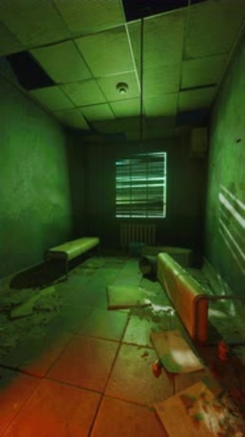 Abandoned Hospital Room With Benches and Window