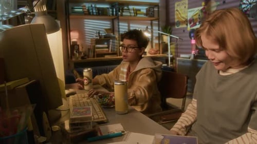 Children Playing Retro Computer Games in Bedroom