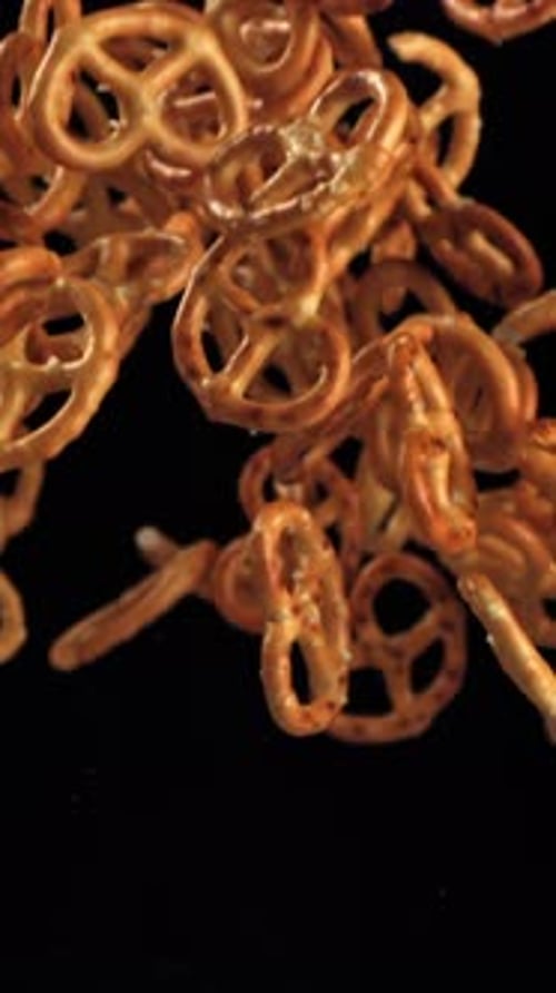 Salty Pretzels Fly and Fall on a Black Background Filmed on a Highspeed Camera at 1000 Fps