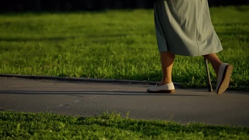 Closeup Sequence of a Person Walking with a Cane Along a Sunlit Park Pathway Steady Footsteps on a