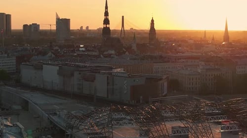 Aerial Panoramic Sunset Over Riga Old Town in Latvia