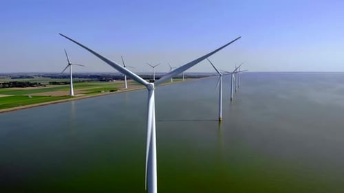 Offshore Windmill Park Windmill Turbine in the Ocean Aerial View Wind Turbine Flevoland Netherlands