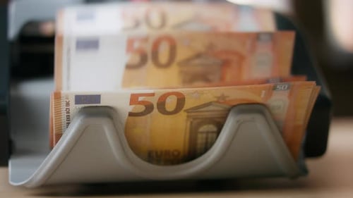 Automatic Equipment Counting Euro Bills Close Up