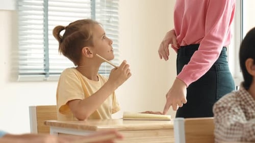 Young Student Talking to Teacher in Classroom