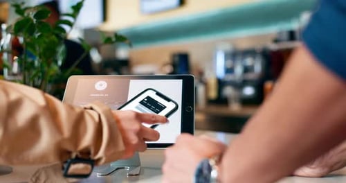 Business, sale and hands with phone for pos, payment or customer with cashier at counter in cafe
