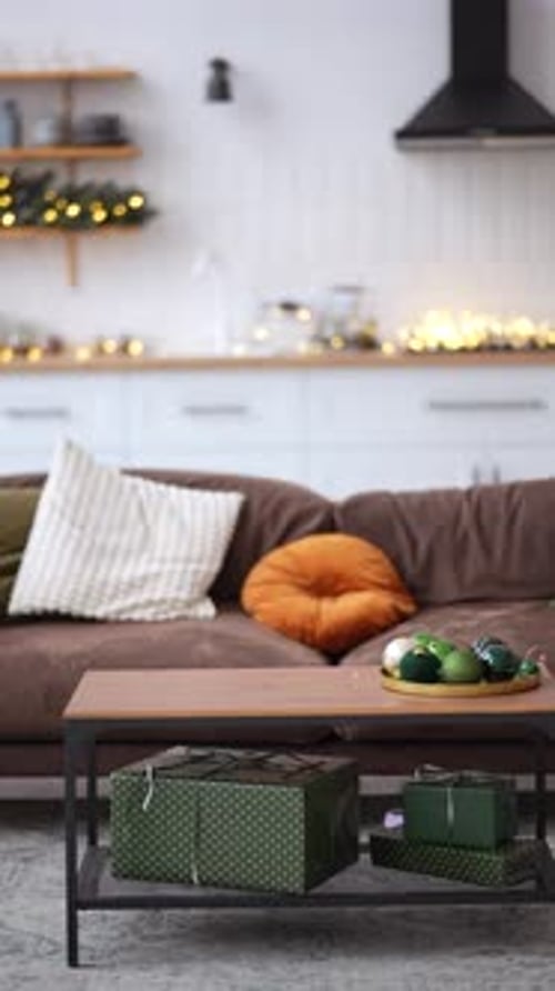 Festive Christmas Decorations and Wrapped Gifts in Home