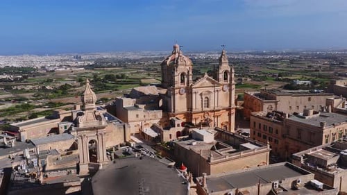 Aerial View of Mdina Malta with St Pauls Cathedral and Dome
