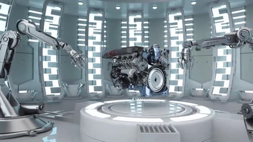Chaîne d'
assemblage automatisée de circuits imprimés. Convoyeur avec bras robotiques avancés de haute précision chez Electronics