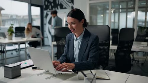 Happy Smiling Adult Caucasian Business Woman Working Laptop Network Businesswoman Work with Computer