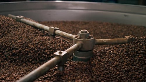 Closeup of a Coffee Roasting Factory Inside Drum Roasting Stirring Coffee