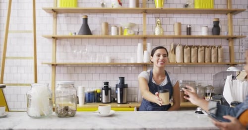 Woman, coffee shop and waiter serving customer with takeaway cup and cellphone