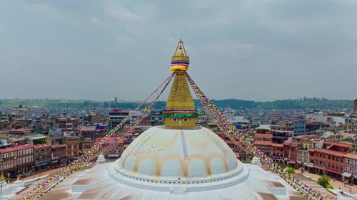 Aerial Towards The Golden Pyramid And The Eyes Boudhanath Stupa In Kathmandu, Nepal, South Asia.