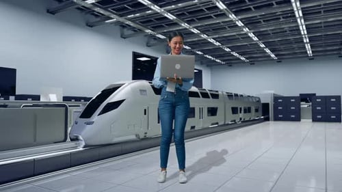 Woman Works on Laptop in Futuristic Train Factory