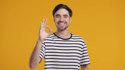 Positive Young Man With Ok Okay Hand Sign Gesture Happy Guy On Yellow Studio