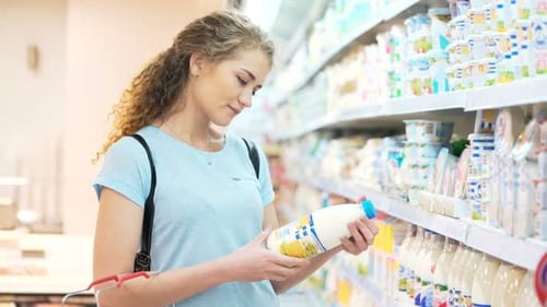 One Female Mistress Alone Look For Milky Fresh Ingredient In Town Marketplace. Smiling Beautiful ...